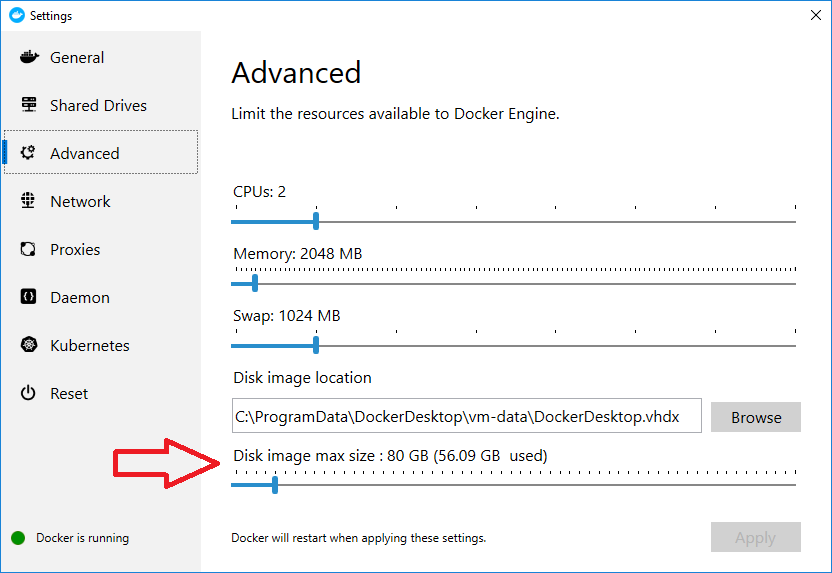docker for mac increase disk space